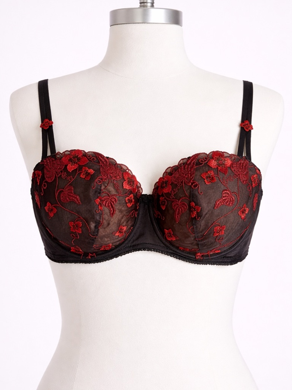 Chantelle 38D Black Red Lace Embroidered Bra Sheer Balconette Sexy